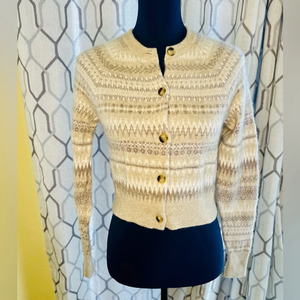 EUC White + Warren Warm Neutral Cashmere Fair Isle Cardigan Sweater - Picture 4 of 13